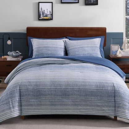 Queen Comforter Set Striped Ocean Blue Coastal 7 Pieces Bed in a Bag