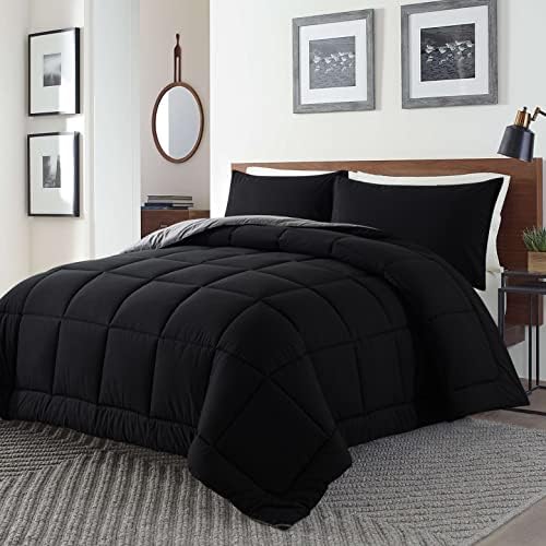 DOWNCOOL Full Size Comforter Sets -All Season Bedding Comforters Sets with 2 Pillow Cases -3 Pieces Bed Set Down Alternative Comforter Set -Black/Grey Bedding Sets Full(82"x86")