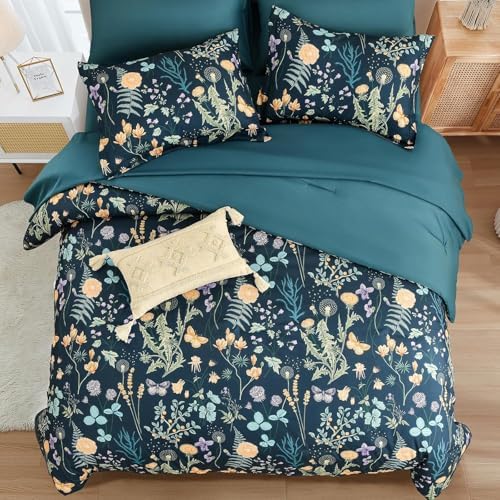 Yiran California King Comforter Set Peacock Blue, 7 Piece Summer Floral Comforters Bedding Set, Oversized King Bed in a Bag with Flowers Soft Lightweight Complete Set with Sheets for All Season