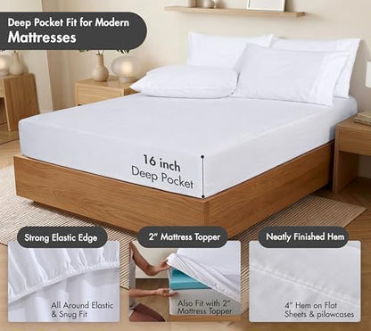 RUVANTI 100% Cotton Percale King Sheets, King Size Sheets Set, Bright White