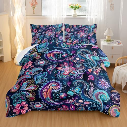 Nttopship Boho Floral Comforter Set Twin Size 3 PCS Paisley Flower Comforter Bed in a Bag Set Dark Blue Vintage Floral Boho Medallion Comforter Set for Kids Girls Teens Soft Microfiber Bedding Sets