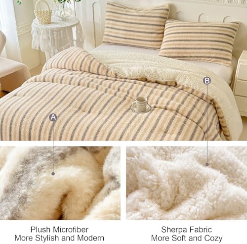 Cyusri Striped Sherpa Comforter Set 3Pcs Fluffy Warm Fleece Down Alternative, Beige Grey Bedding Set with 2 Pillowcases, King Size 104"x90"