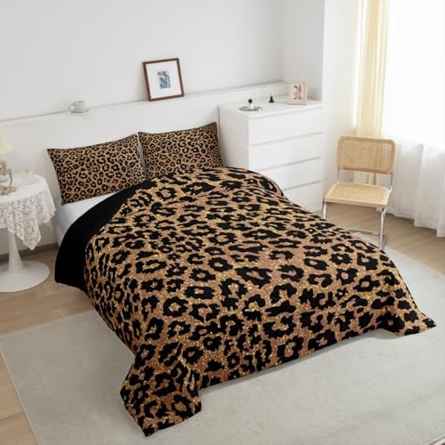 Black Leopard Kids Comforter Set King Size,Wild Animal Cheetah Skin Dots Bedding Set,Girls Boys Room Decor,Wildlife Golden Glitter Fashion Quilt Comforter,Brown Rustic Duvet Insert,2 Pillowcases