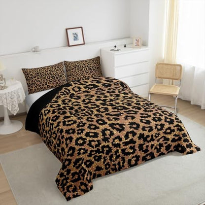 Black Leopard Kids Comforter Set King Size,Wild Animal Cheetah Skin Dots Bedding Set,Girls Boys Room Decor,Wildlife Golden Glitter Fashion Quilt Comforter,Brown Rustic Duvet Insert,2 Pillowcases