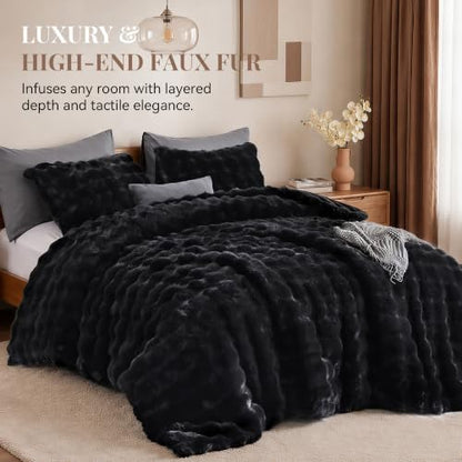 Smoofy Fluffy Faux Rabbit Fur Bubble Comforter Queen Size - Black