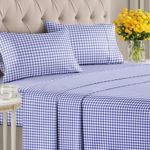 Queen 4 Piece Striped Sheet Set - Soft, Breathable & Cooling - Blue Gingham