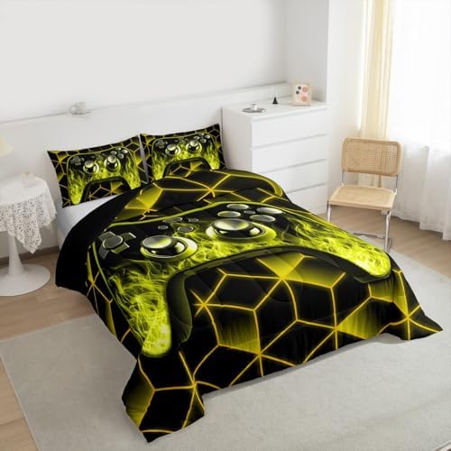 Yellow Gaming Comforter Set for Boys - Neon Geometric Toddler Bedding with 3D Geometric Kids Comforter Set, Flame Gaming Consoles Decor