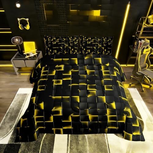 Erosebridal Geometric Checkered Comforter Toddler Size Neon Black Gold Comforter Set for Kids Teen Men Gaming Room Decor,Abstract Ombre Plaid Bedding Set Grids Quilt Duvet