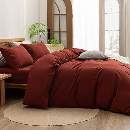 BESTOUCH Cotton Solid Duvet Cover Set Linen Feel Fired Brick Red Full