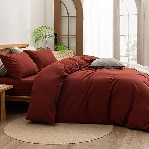BESTOUCH Cotton Solid Duvet Cover Set Linen Feel Fired Brick Red Twin