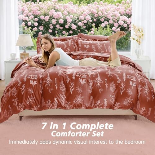 MUXHOMO Brown King Comforter Set, Elegant Floral Print Bed in a Bag 7 Pieces, Ultra Soft & Breathable Reversible Botanical Pattern Bedding Set with Comforter, Sheets, Pillowcases, and Shams
