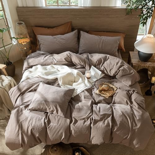 MooMee Wavy Striped Duvet Cover Set 100% Washed Cotton Linen Like Textured Breathable Durable Soft Comfy (Brown, Super Queen 90"x98")
