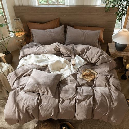 MooMee Wavy Striped Duvet Cover Set 100% Washed Cotton Linen Like Textured Breathable Durable Soft Comfy (Brown, Super King Plus 120"x120")