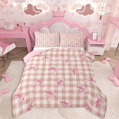 jejeloiu Bowknot Comforter Set Twin Size Bedding Set for Kids Boys Girls
