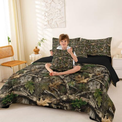 Erosebridal Camouflage Queen Comforter Set with Sheets 7 Piece Hunting Camo Bed in A Bag Vintage Woodland Bedding Sets for Kids Adults Country Farmhouse Cabin Bed Set