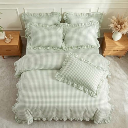 Nayoroom Green Ruffle Gingham Comforter Set Queen Plaid Checkered Bedding