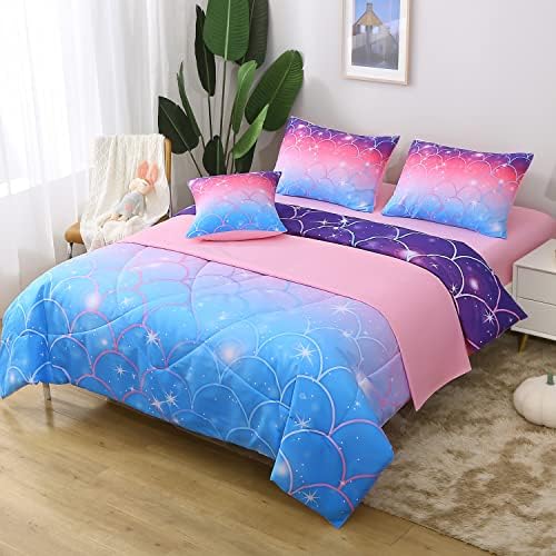 JQinHome Full Size Mermaid Comforter Set, 6 Piece Bed in A Bag 3D Colorful Bedding Set for Girls Kids (1 Comforter,2 Pillowcases,1 Flat Sheet,1 Fitted Sheet,1 Cushion Cover)(Pink Mermaid Scale)