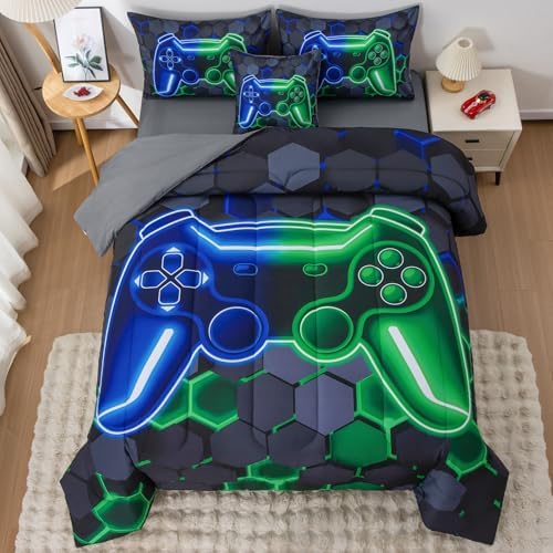 6Pcs Gamer Comforter Set with Sheets for Boys Girls Kids Teens, Colorful Gaming Themed Bed in A Bag Queen Size, Black 3D Video Game Controller Bedroom Decor Bedding Set