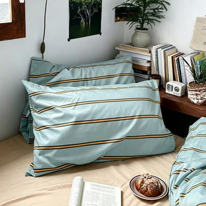 mixinni Retro Mint Blue Striped Duvet Cover Set - 100% Natural Cotton 3-Piece Vintage Stripes Pattern Printed Bedding Set, Soft Breathable Comforter Cover with Zipper Closure & Corner Ties, Twin Size