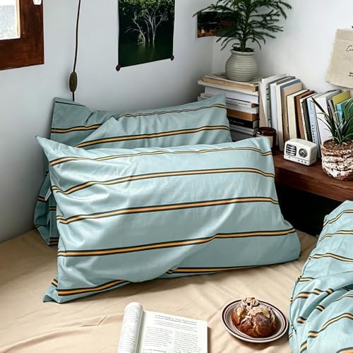 mixinni Retro Mint Blue Striped Duvet Cover Set - 100% Natural Cotton 3-Piece Vintage Stripes Pattern Printed Bedding Set, Soft Breathable Comforter Cover with Zipper Closure & Corner Ties, Queen Size