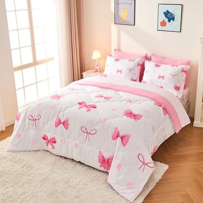 Wajade 7 Piece Pink Bow Bedding Set for Girls Kids Twin Size Comforter Set with Sheet and 2 Pillowcases 2 Pillow Shams Cute Girls Bed in a Bag as Birthday Choice