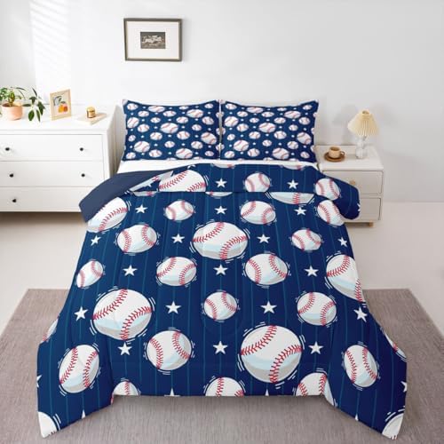 Castle Fairy Baseball Comforter Set Twin,Ball Sports Games Bedding Set 2pcs for Kids Boys Teens Room Decor,Geometric Star Lines Duvet Insert Navy Blue White Quilted Duvet with 1 Pillowcase