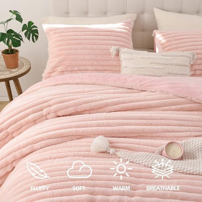 Smoofy Fluffy Full Size Comforter 3 PCS - Blush Pink Fleece Bedding Set