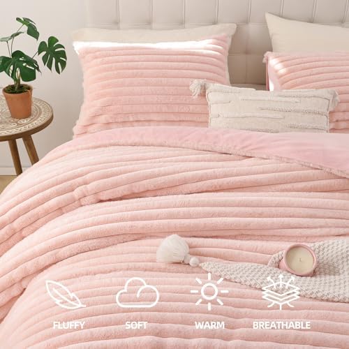 Smoofy Fluffy King Size Comforter 3 PCS - Blush Pink Fleece Bedding Set
