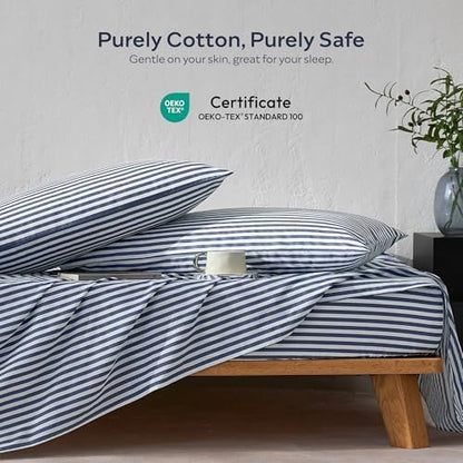 JELLYMONI 100% Cotton Sheet Set, Navy Blue Striped, Twin