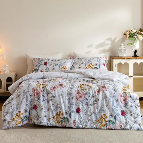SLEEPBELLA Comforter Queen Size, 600 Thread Count Cotton Pink & Yellow & Blue Floral Pattern Comforter Set,Down Alternative Bedding Set 3Pcs(Queen, Spring Whispers)