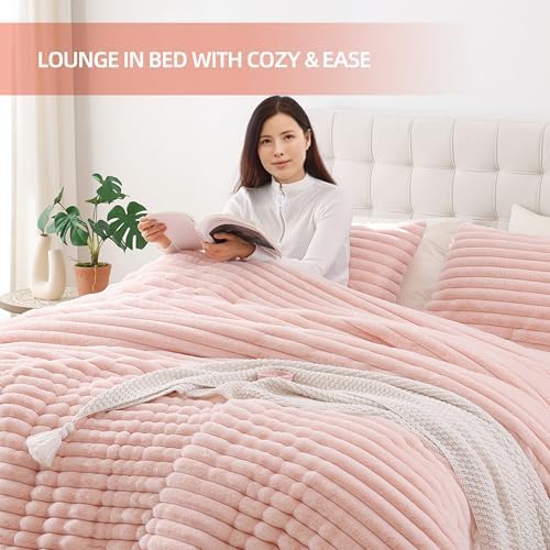 Smoofy Fluffy Full Size Comforter 3 PCS - Blush Pink Fleece Bedding Set