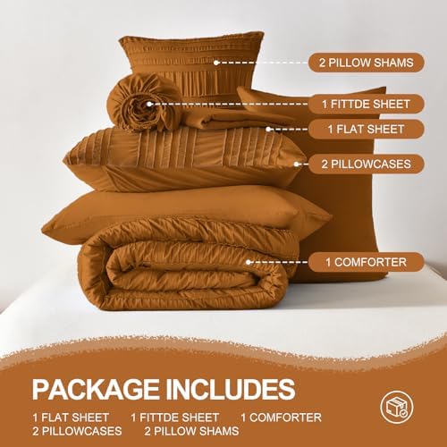 Burnt Orange Tufted Textured Comforter Set King Size, 7 Piece Bed in a Bag，Shabby Chic Boho Bedding for Bedroom Comforter，All Season Soft Microfiber Ruffle Comforter Set with Pillow and Sheets