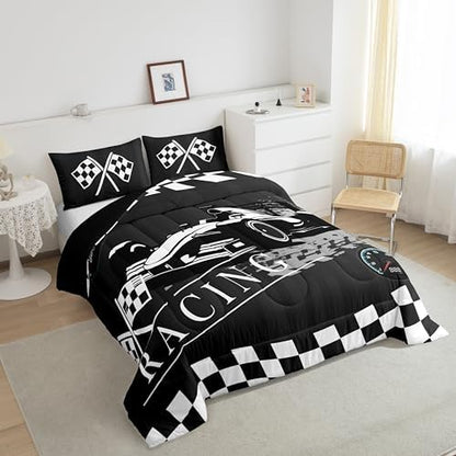 Boys Racing Car Comforter Set Full for Kids Teens Extreme Sports Theme Bedding Set, Black White Buffalo Bedding Comforter Sets Sprots Car Duvet Set, Plaid Quilted Comforter (Black Reversible)