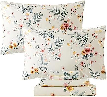 FADFAY Floral Sheets Set King Vintage Pink Floral Bedding Shabby Beige Elegant Botanical Sheets Rustic Farmhouse Bedding 800 Thread Count 100% Egyptian Cotton Deep Pocket Fitted Sheet 4Pcs, King Size