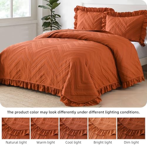 DJY Fall Queen Quilt Bedding Set, Burnt Orange Ruffled Bedspread Coverlet