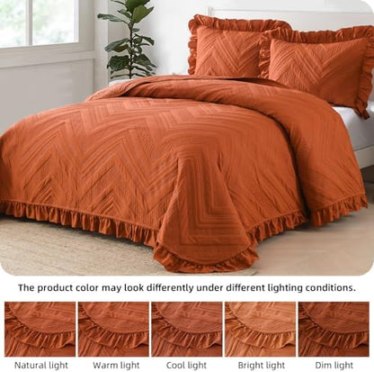 DJY Fall Queen Quilt Bedding Set, Burnt Orange Ruffled Bedspread Coverlet