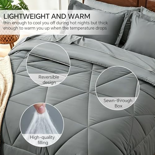 BEDELITE Queen Comforter Set 7 Pieces, Solid Dark Grey Bed in A Bag