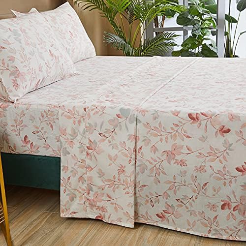 FADFAY Cotton Sheets Set Twin, Blush Pink Sheet Set Soft Girls Elegant Floral and Branches Leaves Printed Deep Pocket Fitted Sheet 4Pcs, Twin Size