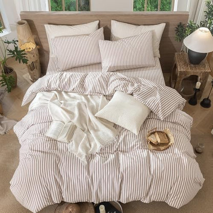 MooMee Striped Duvet Cover Set 100% Washed Cotton Linen Like Super Queen