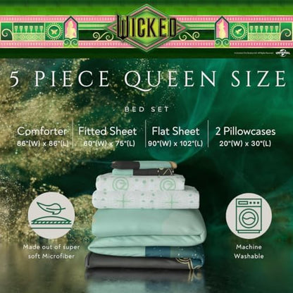 Collectibles Wicked Elphaba and Glinda Bedding 5 Piece Super Soft Reversible Comforter and Sheet Set, Queen, (Officially Licensed Product) By Franco
