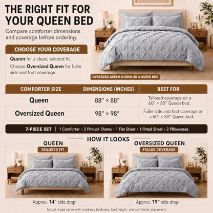 HIMEET Queen Comforter Set Light Grey - 7 Pieces Pintuck Bed in a Bag