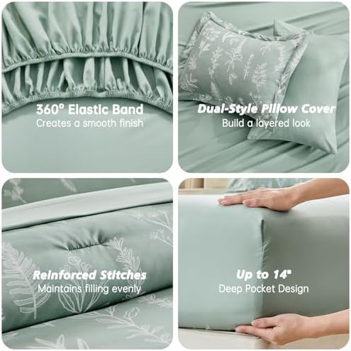 MUXHOMO Sage Green TwinXL Comforter Set, Elegant Floral Print Bed in a Bag 5 Pieces, Ultra Soft & Breathable Reversible Botanical Pattern Bedding Set with Comforter, Sheets, Pillowcase, and Sham