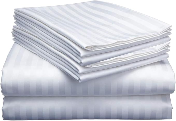 Mattress-Homes Extra Deep Pocket 6 Piece Full Sheet Set, Hotel Luxury Collection, 100% Egyptian Cotton, 21" Deep Fitted Sheet, Soft, Cool & Breathable Bedding with 4 Pillowcases in White Stripe