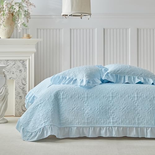Ruffles Quilt Set Twin Size 68 * 86in - 2 Pieces Solid Shabby Chic Farmhouse Ruffled Bedding Rustic Coverlet Lightweight Fluffy Summer Oversized Bedspread with Shams for Women Men Light Blue