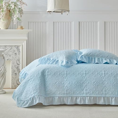 Ruffles Quilt Set Twin Size 68 * 86in - 2 Pieces Solid Shabby Chic Farmhouse Ruffled Bedding Rustic Coverlet Lightweight Fluffy Summer Oversized Bedspread with Shams for Women Men Light Blue
