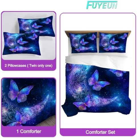 Blue Butterfly Comforter Set King, Moon Mandala Bedding for Girls