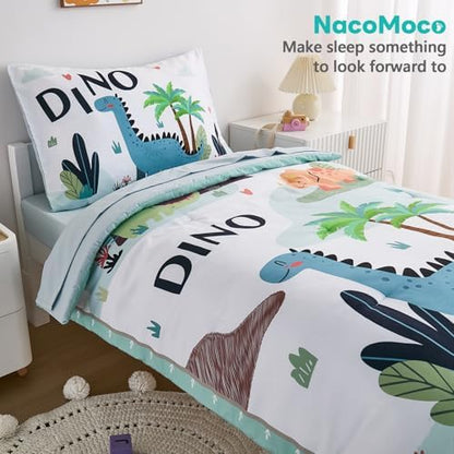 4-Piece Dinosaur Toddler Bedding Set for Boys - Soft & Skin Friendly Toddler Bed Set Includes Toddler Comforter, Flat Sheet, Fitted Sheet and Pillowcase (Mint Green)