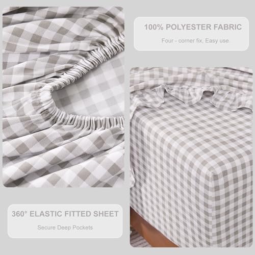 Gingham Queen Sheet Set, Lightweight Super Soft Brushed Microfiber Plaid Bed Sheets with 16" Deep Pocket, 4 Piece Ruffle Farmhouse Bedroom Decor, Gray