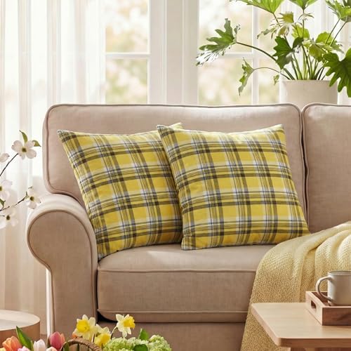 AVOIN colorlife Spring Summer Brown Yellow Plaid Decorative Throw Pillow Covers, 18 x 18 Inch Holiday Scottish Tartan Cushion Case Farmhouse Decoration for Sofa Couch Set of 2