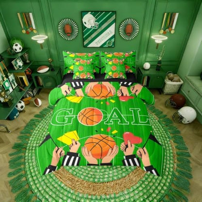 Erosebridal Boys Basketbal Gaming Pattern Green Boys Kids 7 Piece Bedding Set Twin | Playground Comforter Set with Sheets Ball Games Sports Theme Bed in A Bag Geometric Bed Sets